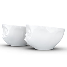 Load image into Gallery viewer, Set of two 6.5 oz. bowls in white featuring a sculpted ‘tasty’ and &#39;snoozy&#39; faces. From the TASSEN product family of fun dishware by FIFTYEIGHT Products. Quality bowl perfect for serving snacks, nuts, chips, dips, sauces, and a few scoops of ice cream.
