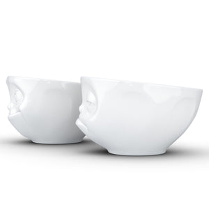 Set of two 6.5 oz. bowls in white featuring a sculpted ‘tasty’ and 'snoozy' faces. From the TASSEN product family of fun dishware by FIFTYEIGHT Products. Quality bowl perfect for serving snacks, nuts, chips, dips, sauces, and a few scoops of ice cream.