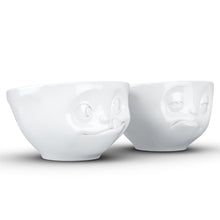 Load image into Gallery viewer, Set of two 6.5 oz. bowls in white featuring a sculpted ‘tasty’ and &#39;snoozy&#39; faces. From the TASSEN product family of fun dishware by FIFTYEIGHT Products. Quality bowl perfect for serving snacks, nuts, chips, dips, sauces, and a few scoops of ice cream.
