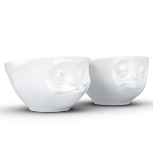 Set of two 6.5 oz. bowls in white featuring a sculpted ‘tasty’ and 'snoozy' faces. From the TASSEN product family of fun dishware by FIFTYEIGHT Products. Quality bowl perfect for serving snacks, nuts, chips, dips, sauces, and a few scoops of ice cream.