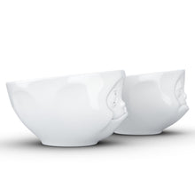 Load image into Gallery viewer, Set of two 6.5 oz. bowls in white featuring a sculpted ‘tasty’ and &#39;snoozy&#39; faces. From the TASSEN product family of fun dishware by FIFTYEIGHT Products. Quality bowl perfect for serving snacks, nuts, chips, dips, sauces, and a few scoops of ice cream.
