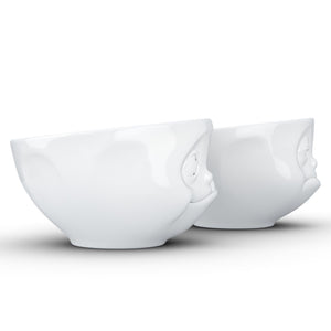 Set of two 6.5 oz. bowls in white featuring a sculpted ‘tasty’ and 'snoozy' faces. From the TASSEN product family of fun dishware by FIFTYEIGHT Products. Quality bowl perfect for serving snacks, nuts, chips, dips, sauces, and a few scoops of ice cream.