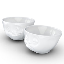 Load image into Gallery viewer, Set of two 6.5 oz. bowls in white featuring a sculpted ‘tasty’ and &#39;snoozy&#39; faces. From the TASSEN product family of fun dishware by FIFTYEIGHT Products. Quality bowl perfect for serving snacks, nuts, chips, dips, sauces, and a few scoops of ice cream.
