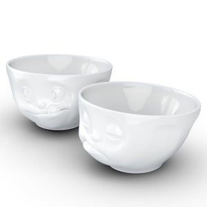 Set of two 6.5 oz. bowls in white featuring a sculpted ‘tasty’ and 'snoozy' faces. From the TASSEN product family of fun dishware by FIFTYEIGHT Products. Quality bowl perfect for serving snacks, nuts, chips, dips, sauces, and a few scoops of ice cream.