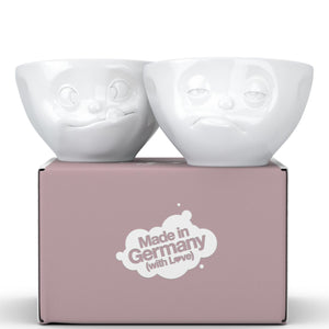 Set of two 6.5 oz. bowls in white featuring a sculpted ‘tasty’ and 'snoozy' faces. From the TASSEN product family of fun dishware by FIFTYEIGHT Products. Quality bowl perfect for serving snacks, nuts, chips, dips, sauces, and a few scoops of ice cream.