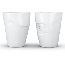 Load image into Gallery viewer, Set of two coffee mugs with &#39;Grumpy&#39; and &#39;Impish&#39; facial expression and 11 oz capacity. From the TASSEN product family of fun dishware by FIFTYEIGHT Products. Tall coffee cups without handles in white, crafted from quality porcelain.
