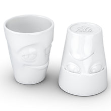 Load image into Gallery viewer, Set of two coffee mugs with &#39;Grumpy&#39; and &#39;Impish&#39; facial expression and 11 oz capacity. From the TASSEN product family of fun dishware by FIFTYEIGHT Products. Tall coffee cups without handles in white, crafted from quality porcelain.
