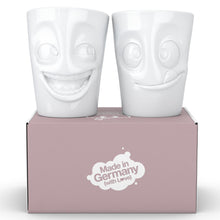 Load image into Gallery viewer, Set of two coffee mugs with &#39;joking&#39; and &#39;tasty&#39; facial expression and 11 oz capacity. From the TASSEN product family of fun dishware by FIFTYEIGHT Products. Tall coffee cups without handles in white, crafted from quality porcelain.
