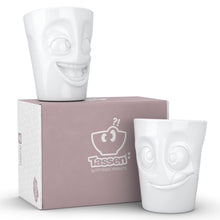 Load image into Gallery viewer, Set of two coffee mugs with &#39;joking&#39; and &#39;tasty&#39; facial expression and 11 oz capacity. From the TASSEN product family of fun dishware by FIFTYEIGHT Products. Tall coffee cups without handles in white, crafted from quality porcelain.
