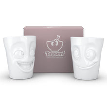 Load image into Gallery viewer, Set of two coffee mugs with &#39;joking&#39; and &#39;tasty&#39; facial expression and 11 oz capacity. From the TASSEN product family of fun dishware by FIFTYEIGHT Products. Tall coffee cups without handles in white, crafted from quality porcelain.
