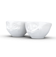 Load image into Gallery viewer, Set of two 3.3 oz. bowls in white featuring sculpted &#39;happy&#39; and &#39;dreamy&#39; faces. From the TASSEN product family of fun dishware by FIFTYEIGHT Products. Quality bowl perfect for serving dips, sauces, nuts, sugar, spices, espresso, jam, marmalade, honey, and more.
