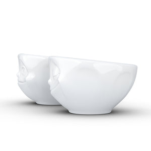 Set of two 3.3 oz. bowls in white featuring sculpted 'happy' and 'dreamy' faces. From the TASSEN product family of fun dishware by FIFTYEIGHT Products. Quality bowl perfect for serving dips, sauces, nuts, sugar, spices, espresso, jam, marmalade, honey, and more.
