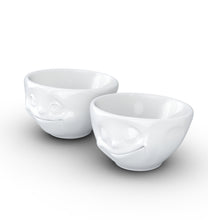 Load image into Gallery viewer, Set of two 3.3 oz. bowls in white featuring sculpted &#39;happy&#39; and &#39;dreamy&#39; faces. From the TASSEN product family of fun dishware by FIFTYEIGHT Products. Quality bowl perfect for serving dips, sauces, nuts, sugar, spices, espresso, jam, marmalade, honey, and more.

