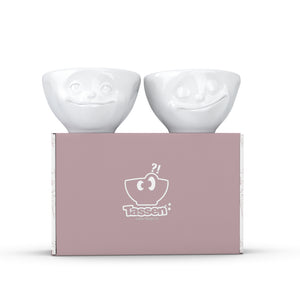 Set of two 3.3 oz. bowls in white featuring sculpted 'happy' and 'dreamy' faces. From the TASSEN product family of fun dishware by FIFTYEIGHT Products. Quality bowl perfect for serving dips, sauces, nuts, sugar, spices, espresso, jam, marmalade, honey, and more.
