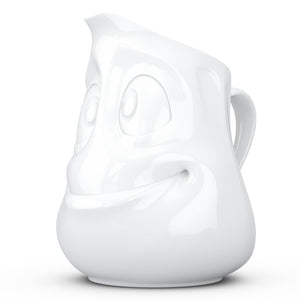 Premium porcelain creamer jug in white features a 'jolly' facial expression at 11 oz capacity. Serves milk, creamer, dressing, salsa, gazpacho, gravy, sauces and more. Detailed facial expression jug from the TASSEN product family of fun dishware by FIFTYEIGHT Products. Shipped in exclusively designed gift box.