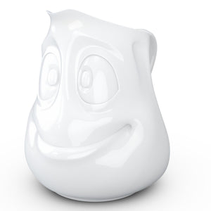 Premium porcelain creamer jug in white features a 'jolly' facial expression at 11 oz capacity. Serves milk, creamer, dressing, salsa, gazpacho, gravy, sauces and more. Detailed facial expression jug from the TASSEN product family of fun dishware by FIFTYEIGHT Products. Shipped in exclusively designed gift box.