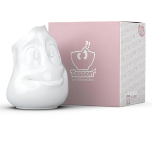 Premium porcelain creamer jug in white features a 'jolly' facial expression at 11 oz capacity. Serves milk, creamer, dressing, salsa, gazpacho, gravy, sauces and more. Detailed facial expression jug from the TASSEN product family of fun dishware by FIFTYEIGHT Products. Shipped in exclusively designed gift box.