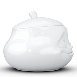 Premium porcelain sugar bowl in white with "sweet" facial expression and 13.5 oz capacity. From the TASSEN product family of fun dishware by FIFTYEIGHT Products. Shipped in exclusively designed gift box.