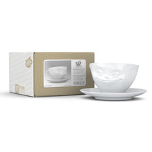 Load image into Gallery viewer, Coffee cup with a &#39;grinning&#39; facial expression and 6.5 oz capacity. From the TASSEN product family of fun dishware by FIFTYEIGHT Products. Coffee cup with matching saucer crafted from quality porcelain.
