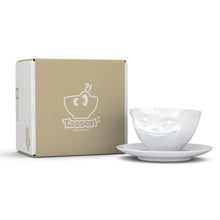Load image into Gallery viewer, Coffee cup with a &#39;grinning&#39; facial expression and 6.5 oz capacity. From the TASSEN product family of fun dishware by FIFTYEIGHT Products. Coffee cup with matching saucer crafted from quality porcelain.
