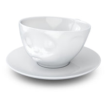 Load image into Gallery viewer, Coffee cup with a &#39;kissing&#39; facial expression and 6.5 oz capacity. From the TASSEN product family of fun dishware by FIFTYEIGHT Products. Coffee cup with matching saucer crafted from quality porcelain.
