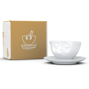 Coffee cup with a 'snoozy' facial expression and 6.5 oz capacity. From the TASSEN product family of fun dishware by FIFTYEIGHT Products. Coffee cup with matching saucer crafted from quality porcelain.