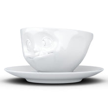 Load image into Gallery viewer, Coffee cup with a &#39;tasty&#39; facial expression and 6.5 oz capacity. From the TASSEN product family of fun dishware by FIFTYEIGHT Products. Coffee cup with matching saucer crafted from quality porcelain.
