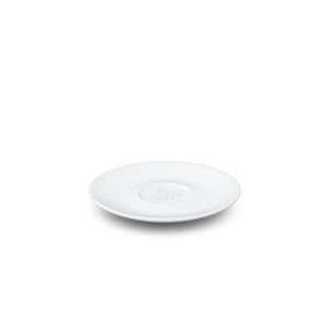 Premium porcelain saucer for coffee cups in white from the TASSEN product family of fun dishware by FIFTYEIGHT Products. Replacement saucer for our Espresso Cups. Single saucer. Dishwasher and microwave safe saucer with FIFTYEIGHT logo details.