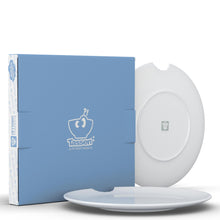 Load image into Gallery viewer, Set of two premium porcelain dinner plates in white with a &#39;bite mark&#39; cutout at the edge. Dishwasher and microwave safes plate with a 11 inch diameter. From the TASSEN product family of fun dishware by FIFTYEIGHT Products. Made in Germany according to environmental standards.
