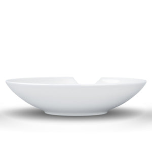 Set of two premium porcelain small deep plates in white with a 'bite mark' cutout at the edge. Dishwasher and microwave safes plate with a compact 7.1 inch diameter. From the TASSEN product family of fun dishware by FIFTYEIGHT Products. Made in Germany according to environmental standards.