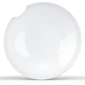 Set of two premium porcelain small deep plates in white with a 'bite mark' cutout at the edge. Dishwasher and microwave safes plate with a compact 7.1 inch diameter. From the TASSEN product family of fun dishware by FIFTYEIGHT Products. Made in Germany according to environmental standards.