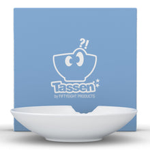 Load image into Gallery viewer, Set of two premium porcelain small deep plates in white with a &#39;bite mark&#39; cutout at the edge. Dishwasher and microwave safes plate with a compact 7.1 inch diameter. From the TASSEN product family of fun dishware by FIFTYEIGHT Products. Made in Germany according to environmental standards.
