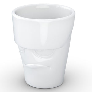 Coffee mug with 'grumpy' facial expression and 11 oz capacity. From the TASSEN product family of fun dishware by FIFTYEIGHT Products. Tall coffee cup with handle in white, crafted from quality porcelain.