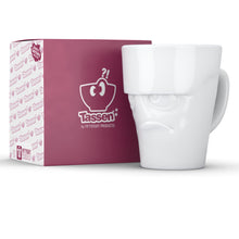 Load image into Gallery viewer, Coffee mug with &#39;grumpy&#39; facial expression and 11 oz capacity. From the TASSEN product family of fun dishware by FIFTYEIGHT Products. Tall coffee cup with handle in white, crafted from quality porcelain.
