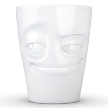 Load image into Gallery viewer, Coffee mug with &#39;impish&#39; facial expression and 11 oz capacity. From the TASSEN product family of fun dishware by FIFTYEIGHT Products. Tall coffee cup with handle in white, crafted from quality porcelain.
