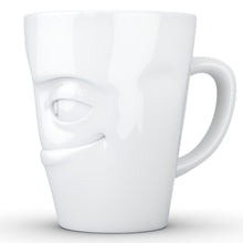 Load image into Gallery viewer, Coffee mug with &#39;impish&#39; facial expression and 11 oz capacity. From the TASSEN product family of fun dishware by FIFTYEIGHT Products. Tall coffee cup with handle in white, crafted from quality porcelain.

