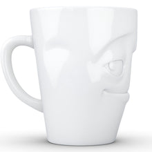 Load image into Gallery viewer, Coffee mug with &#39;impish&#39; facial expression and 11 oz capacity. From the TASSEN product family of fun dishware by FIFTYEIGHT Products. Tall coffee cup with handle in white, crafted from quality porcelain.
