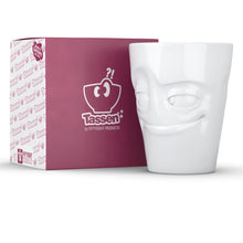 Load image into Gallery viewer, Coffee mug with &#39;impish&#39; facial expression and 11 oz capacity. From the TASSEN product family of fun dishware by FIFTYEIGHT Products. Tall coffee cup with handle in white, crafted from quality porcelain.
