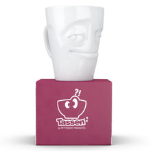 Load image into Gallery viewer, Coffee mug with &#39;impish&#39; facial expression and 11 oz capacity. From the TASSEN product family of fun dishware by FIFTYEIGHT Products. Tall coffee cup with handle in white, crafted from quality porcelain.
