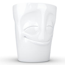 Load image into Gallery viewer, Coffee mug with &#39;cheery&#39; facial expression and 11 oz capacity. From the TASSEN product family of fun dishware by FIFTYEIGHT Products. Tall coffee cup with handle in white, crafted from quality porcelain.
