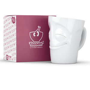 Coffee mug with 'cheery' facial expression and 11 oz capacity. From the TASSEN product family of fun dishware by FIFTYEIGHT Products. Tall coffee cup with handle in white, crafted from quality porcelain.