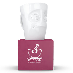 Coffee mug with 'baffled' facial expression and 11 oz capacity. From the TASSEN product family of fun dishware by FIFTYEIGHT Products. Tall coffee cup with handle in white, crafted from quality porcelain.