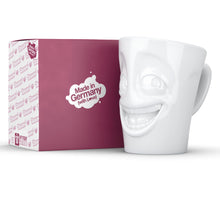 Load image into Gallery viewer, Coffee mug with &#39;joking&#39; facial expression and 11 oz capacity. From the TASSEN product family of fun dishware by FIFTYEIGHT Products. Tall coffee cup with handle in white, crafted from quality porcelain.
