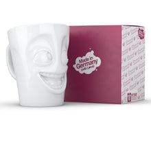 Load image into Gallery viewer, Coffee mug with &#39;joking&#39; facial expression and 11 oz capacity. From the TASSEN product family of fun dishware by FIFTYEIGHT Products. Tall coffee cup with handle in white, crafted from quality porcelain.
