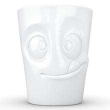 Load image into Gallery viewer, Coffee mug with &#39;tasty&#39; facial expression and 11 oz capacity. From the TASSEN product family of fun dishware by FIFTYEIGHT Products. Tall coffee cup with handle in white, crafted from quality porcelain.
