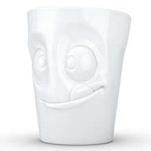 Load image into Gallery viewer, Coffee mug with &#39;tasty&#39; facial expression and 11 oz capacity. From the TASSEN product family of fun dishware by FIFTYEIGHT Products. Tall coffee cup with handle in white, crafted from quality porcelain.

