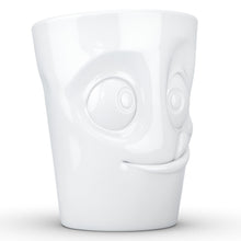 Load image into Gallery viewer, Coffee mug with &#39;tasty&#39; facial expression and 11 oz capacity. From the TASSEN product family of fun dishware by FIFTYEIGHT Products. Tall coffee cup with handle in white, crafted from quality porcelain.
