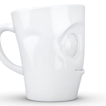 Load image into Gallery viewer, Coffee mug with &#39;tasty&#39; facial expression and 11 oz capacity. From the TASSEN product family of fun dishware by FIFTYEIGHT Products. Tall coffee cup with handle in white, crafted from quality porcelain.
