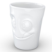 Load image into Gallery viewer, Coffee mug with &#39;tasty&#39; facial expression and 11 oz capacity. From the TASSEN product family of fun dishware by FIFTYEIGHT Products. Tall coffee cup with handle in white, crafted from quality porcelain.
