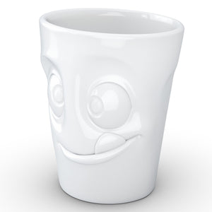 Coffee mug with 'tasty' facial expression and 11 oz capacity. From the TASSEN product family of fun dishware by FIFTYEIGHT Products. Tall coffee cup with handle in white, crafted from quality porcelain.